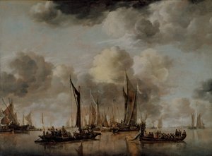 En nederlandsk yacht som skyter salutt mens en lekter trekker seg unna, 1650